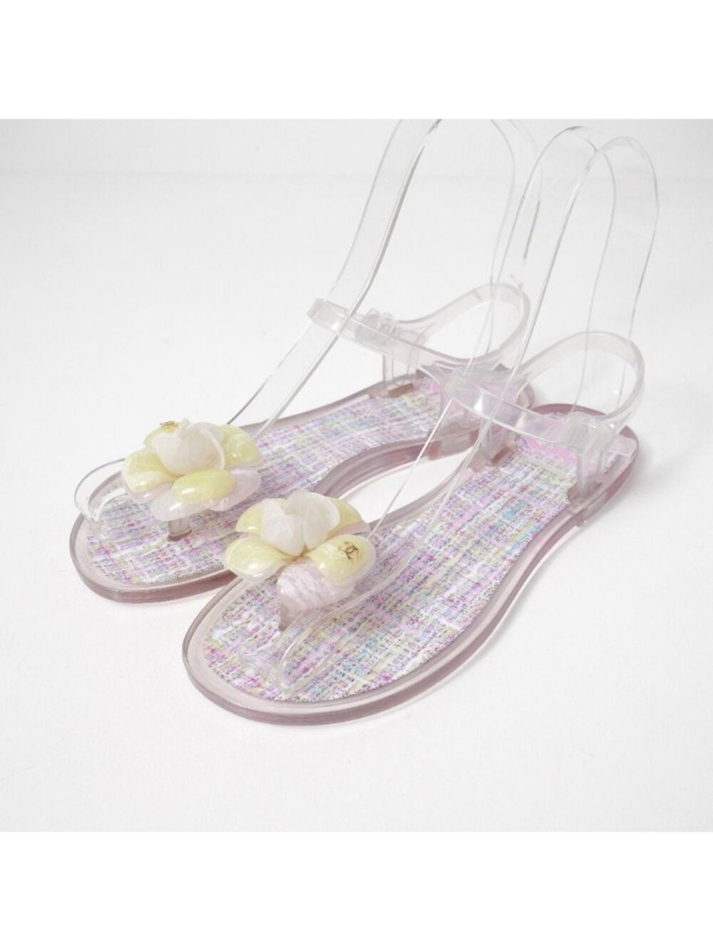 Chanel Sandals Camellia CC Logo Tweed Print Ankle Strap Thong Clear 36
